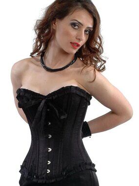 Authentic lack Satin Overbust Corset with Ribbon Trim